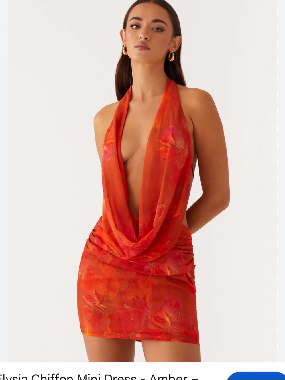 NAT Elysia Chiffon mini Amber Red Floral Halter Mini Dress